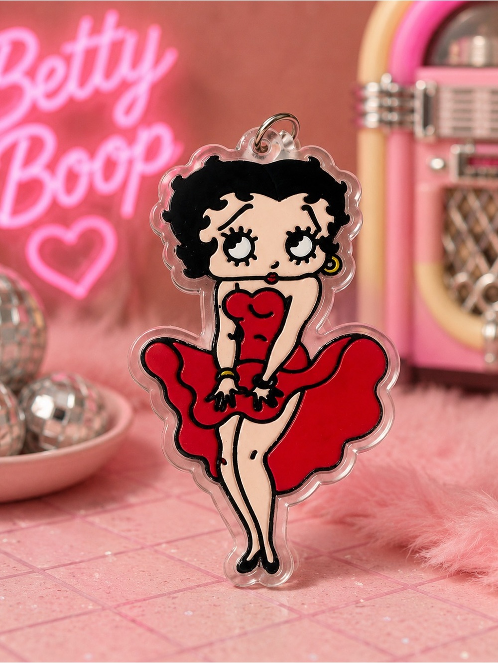 Betty Boop Black Hair Red Dress‎ Acrylic Charm Keychain Vintage